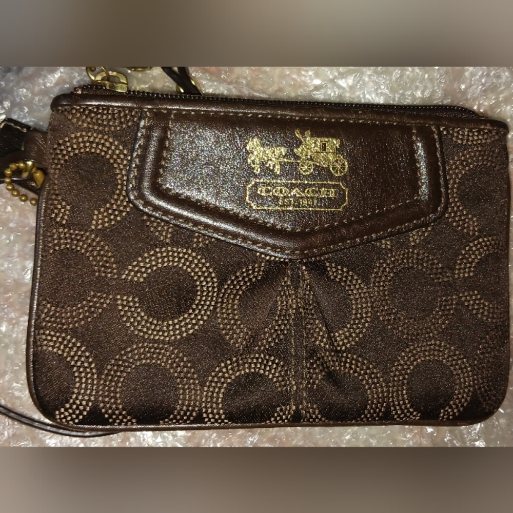 Coach Brown Signature Wristlet with Gold Logo
